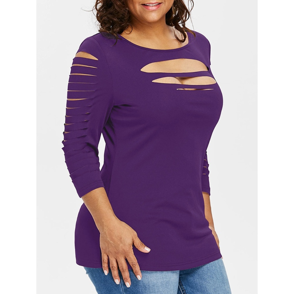 ☀ Purple Plus Size Long Sleeve Shredded Top ☀
